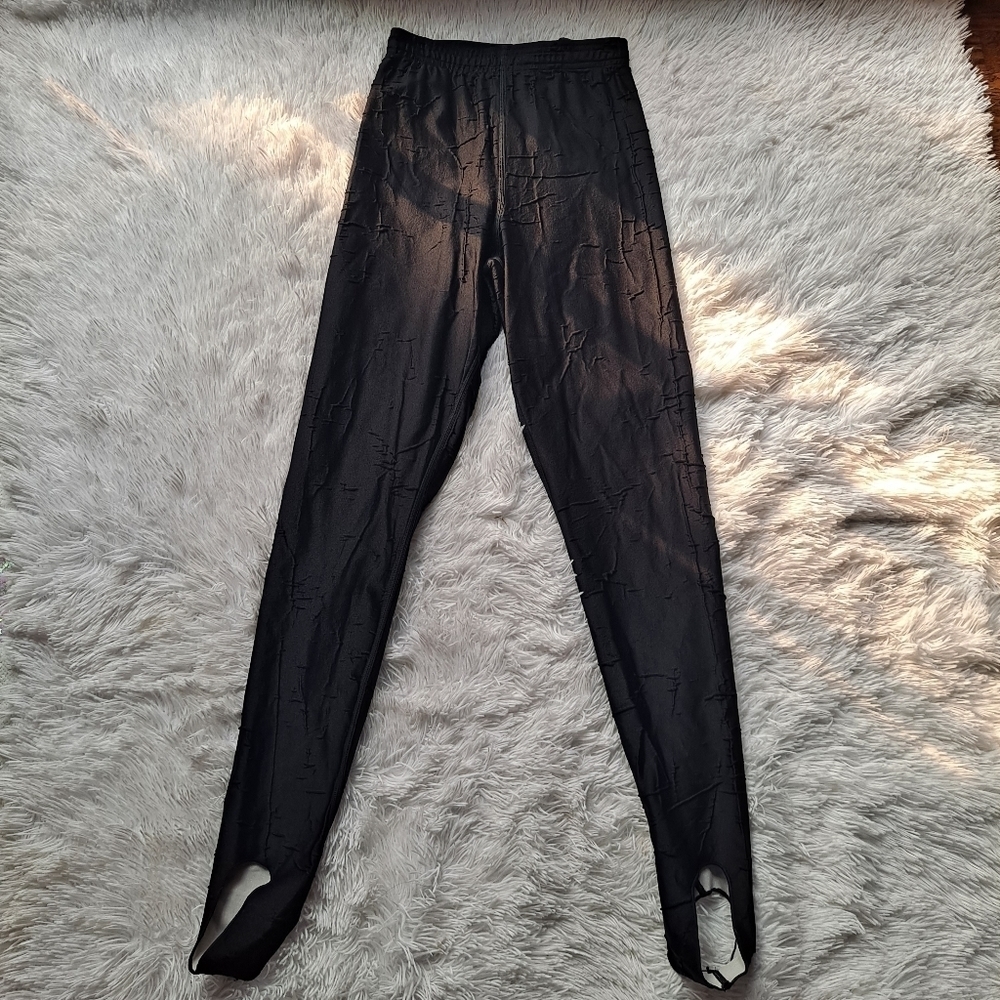 Black textured stirrup leggings elastic waist drawstring, Size 8